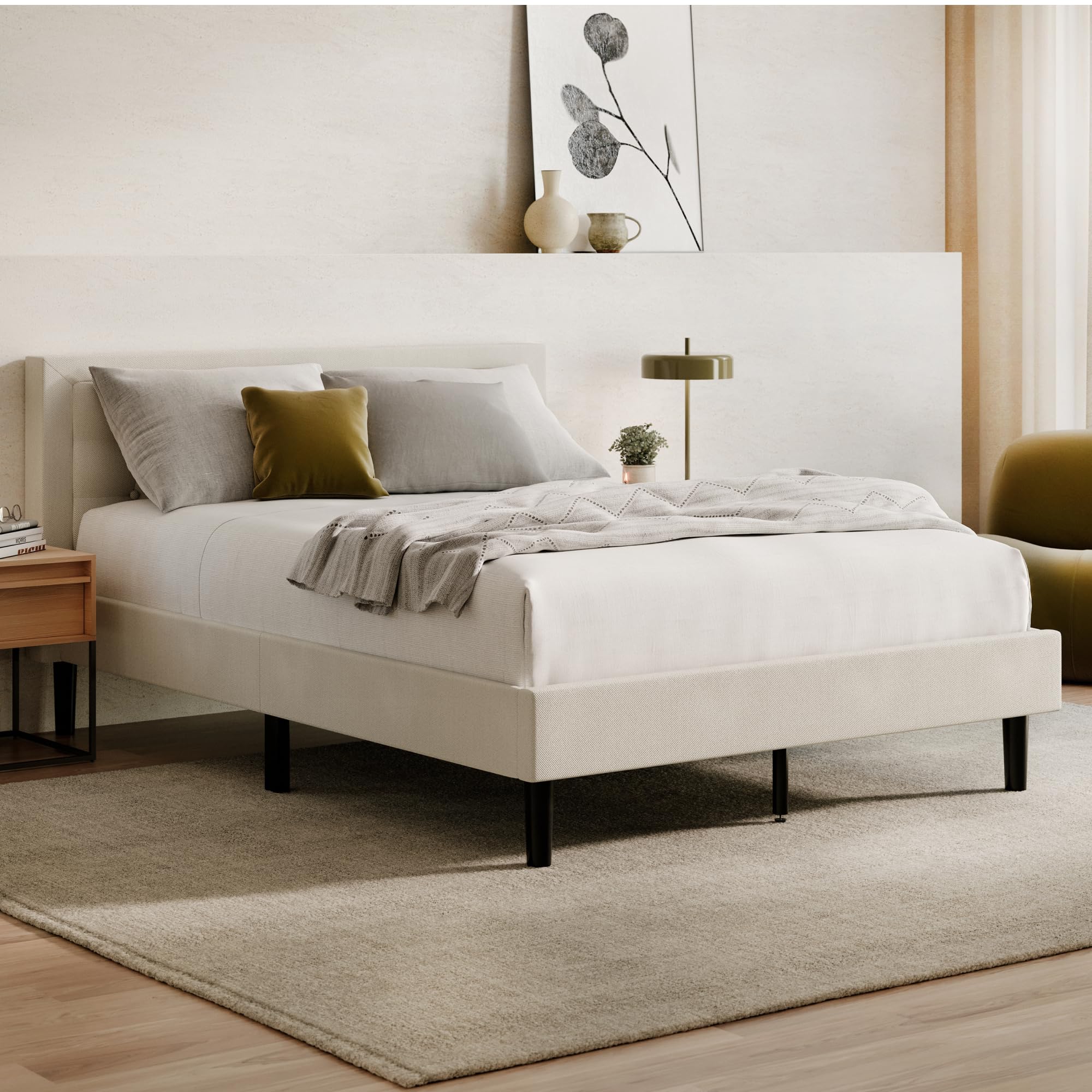 Nectar Bed Frame & Headboard - Linen - Cal King - 8 Inch Legs and Sturdy Wooden Slats for Support - Contemporary and Durable Uph